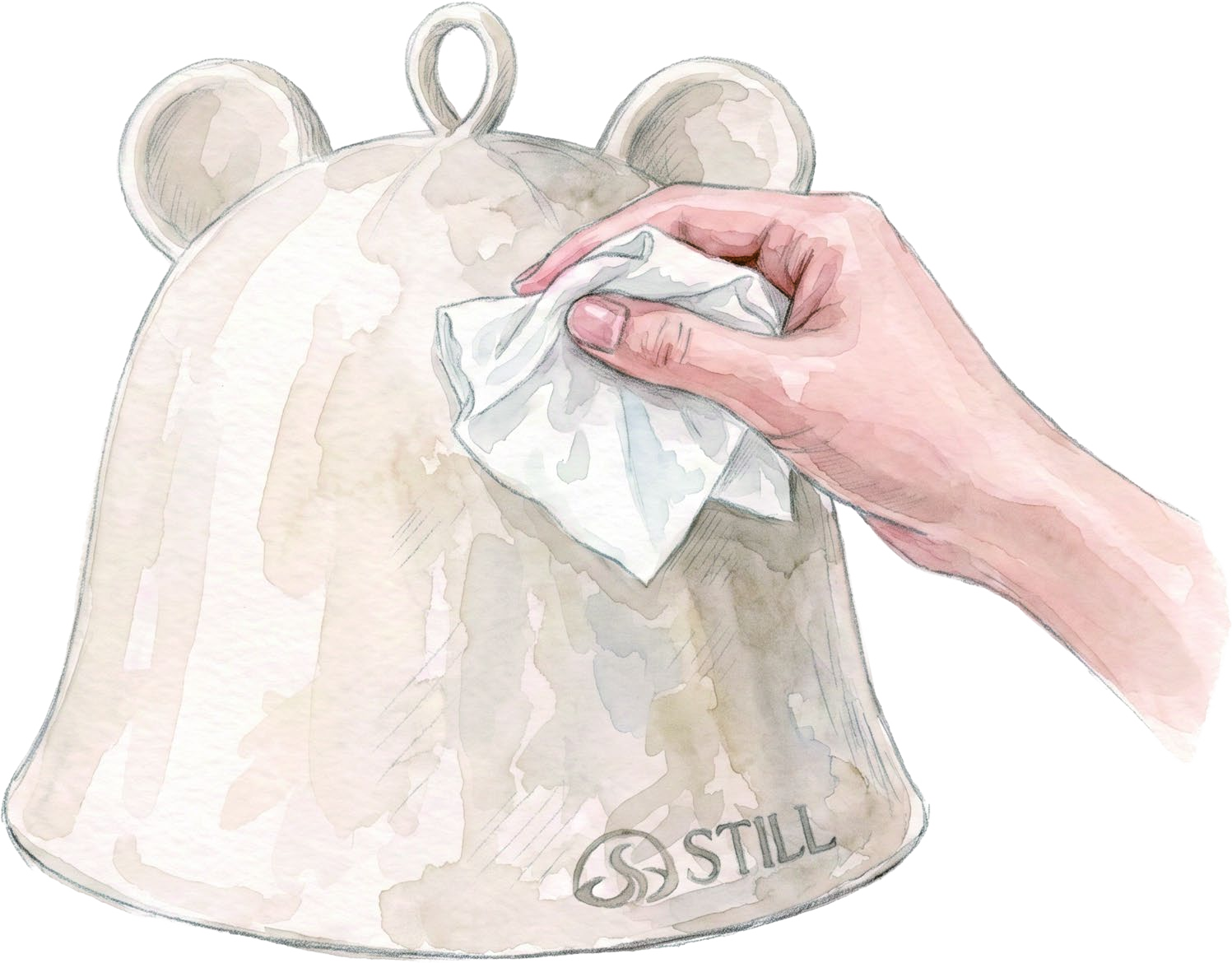 Watercolour illustration of a Koda hat being gently blotted with a cloth