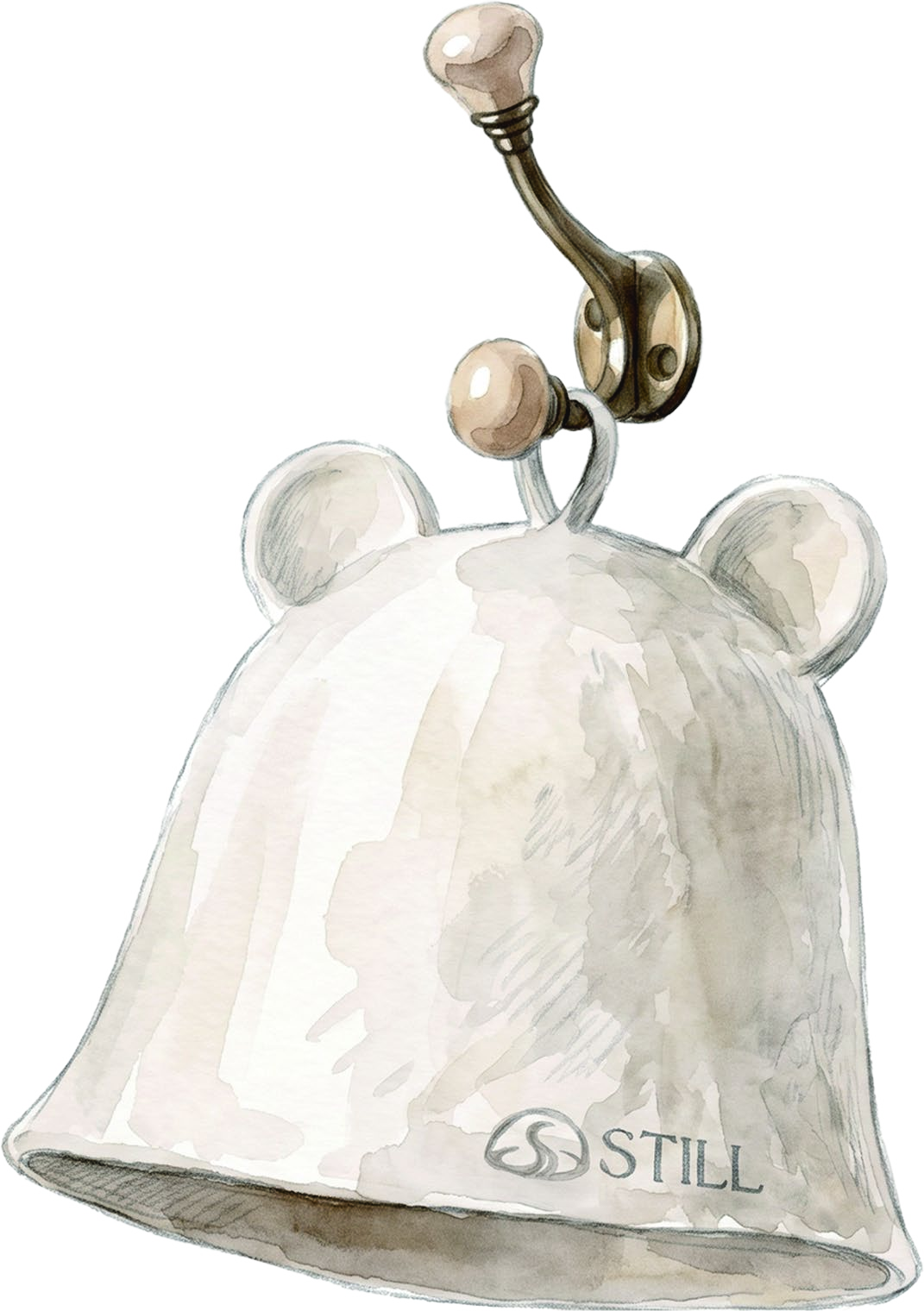 Watercolour illustration of a Koda hat hanging to air
