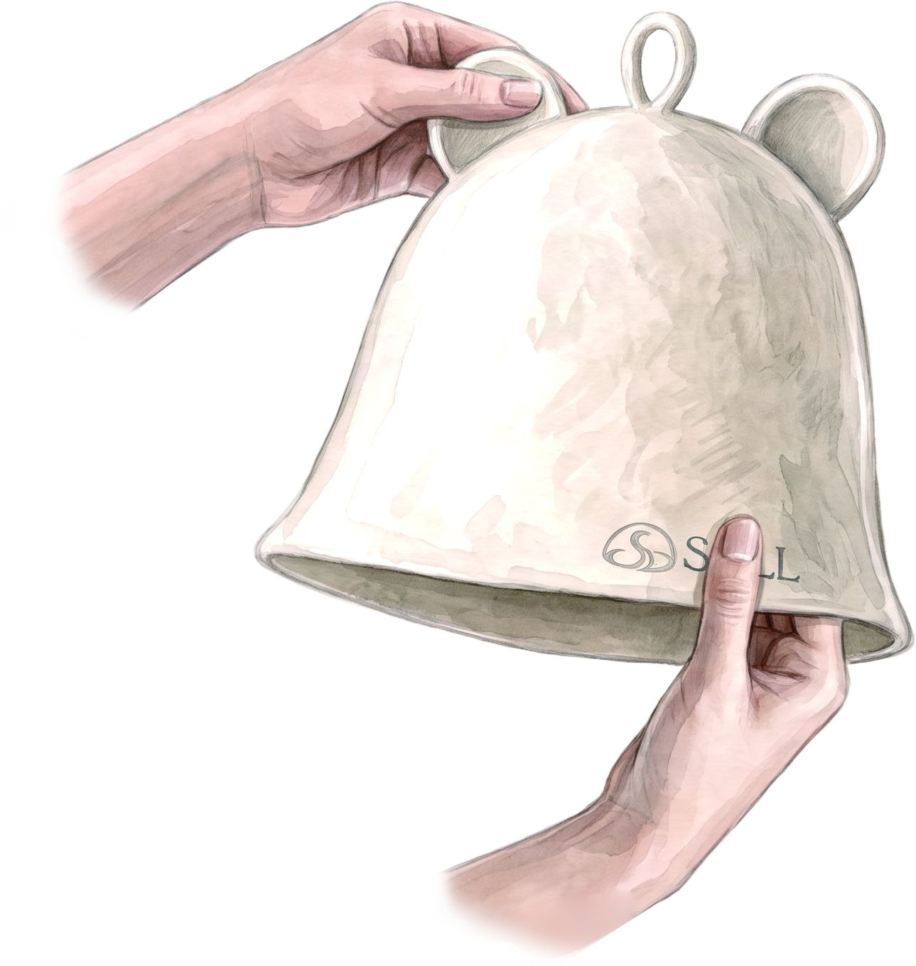 Illustrated hands gently supporting and reshaping a Koda hat