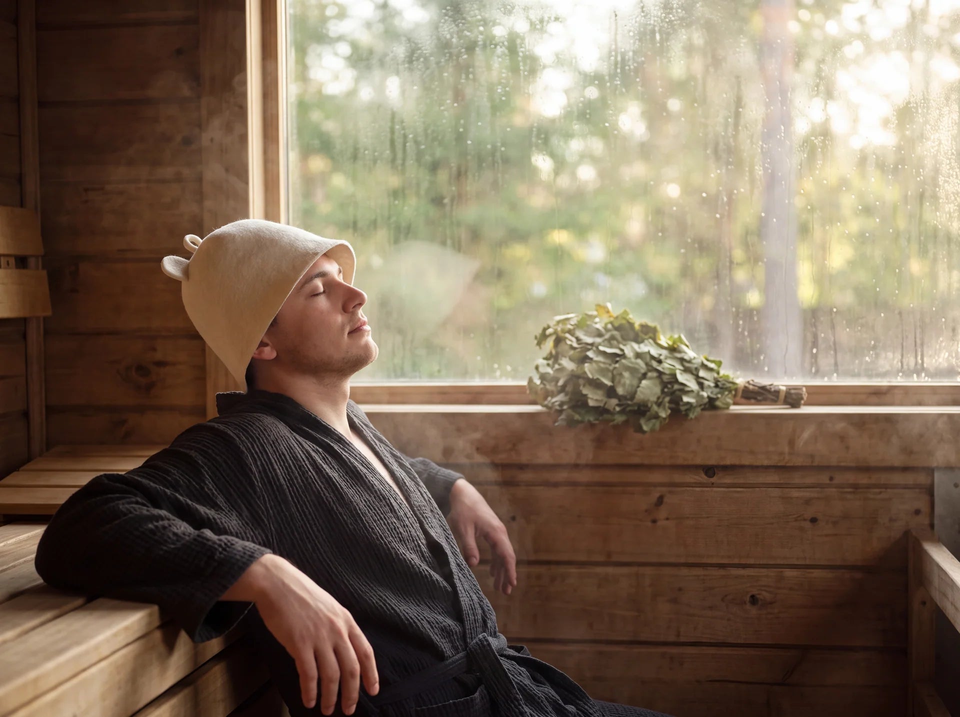 A quiet sauna moment beside a window